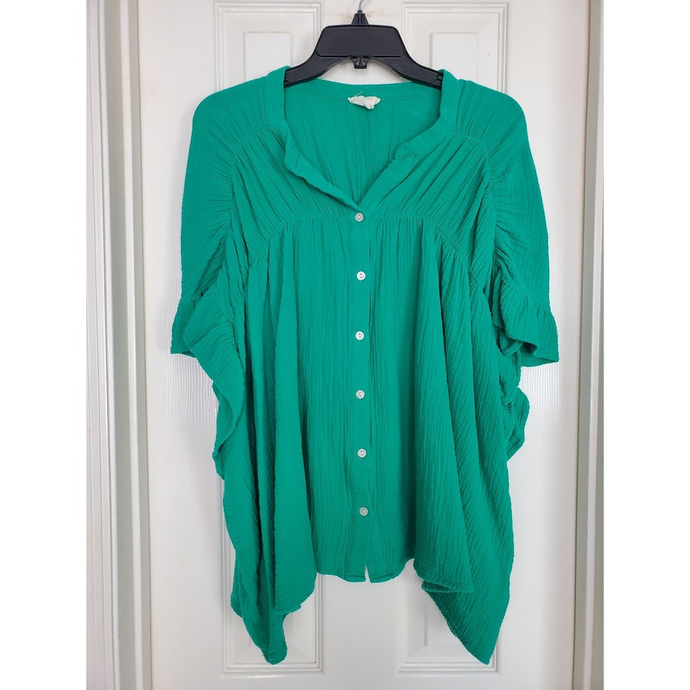 BIBI Drop Shoulder Gauze Ruffle Sleeve Oversized Button Front Boho Summer Lg